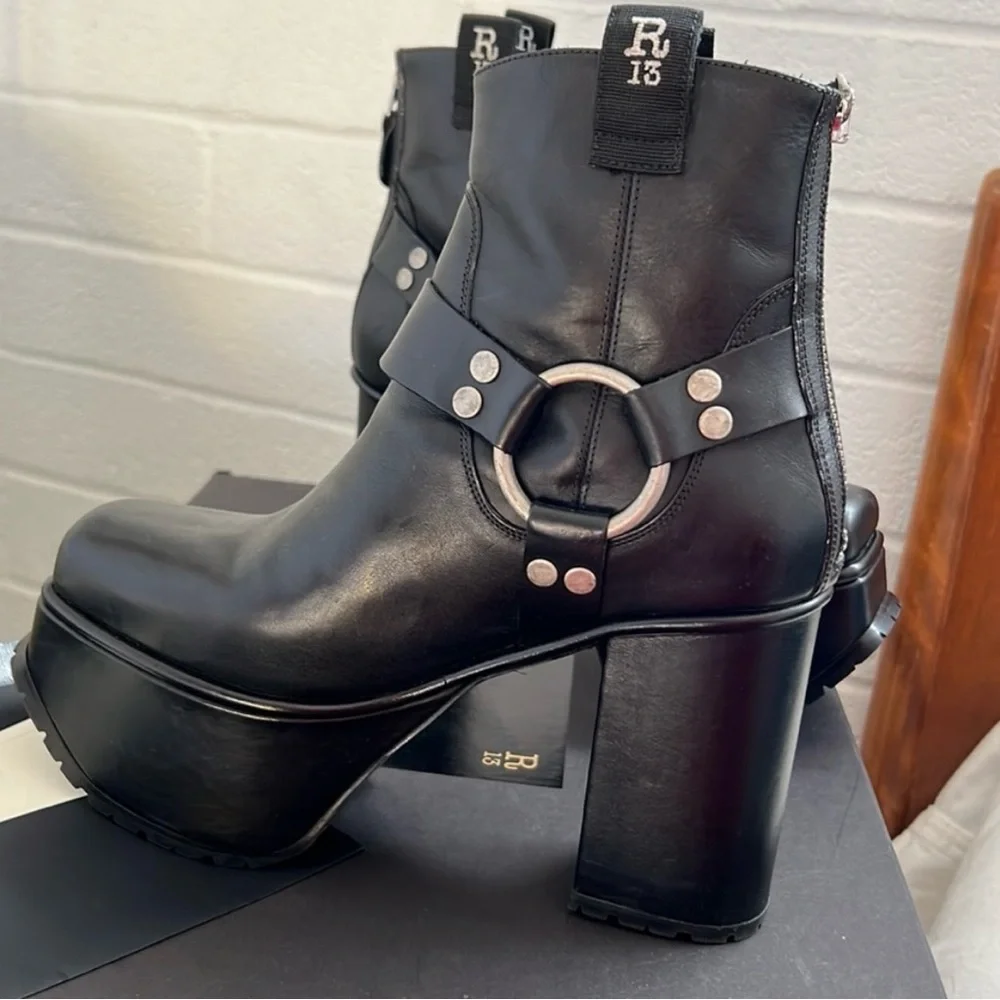R13 Black Heeled Boots with Platform and Silver Hardware - Picture 3 of 6